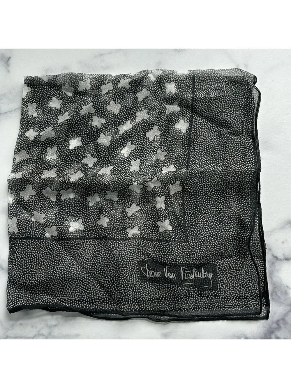 Vintage Diane Von Furstenberg Sheer Square Scarf Butterfly and Polka Dot Print